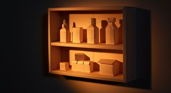 Shadowbox style paper art of a pharmacy shelf with bottles and boxes made of folded paper