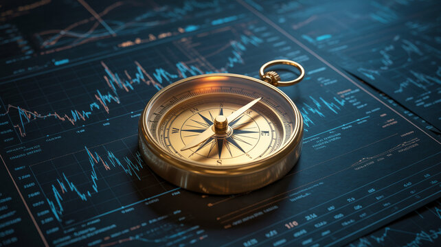 Golden compass on a financial chart background with financial, background