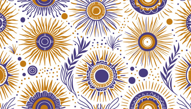 boho sun abstract art seamless vector pattern floral background in mustard and purple color