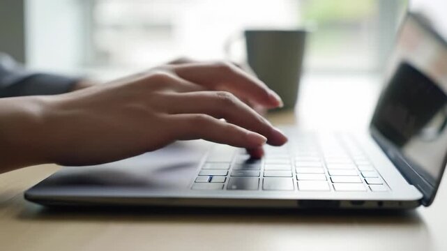 Extreme close-up video of brand-neutral hands typing rapidly on a dark grey laptop keyboard with shallow depth of field and soft bokeh, emphasizing efficient movements in a modern digital workspace.