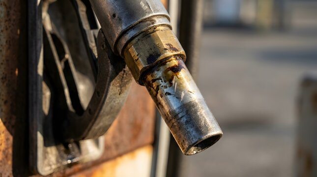 Old Rusty Fuel Pump Nozzle Close-Up at Gas Station
