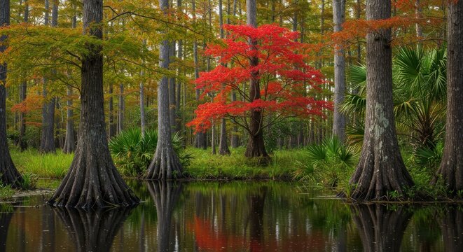 Cypress trees in swamp forest.