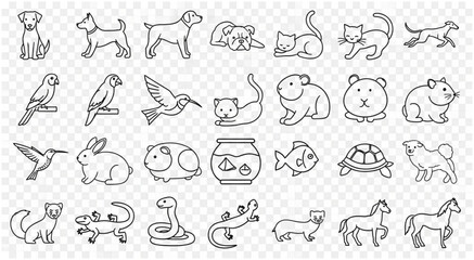 Naklejka premium Collection of various line art illustrations of different animals and pets for design.