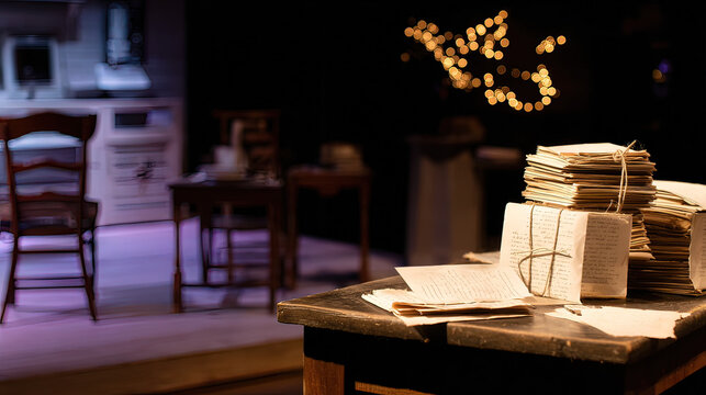 backstage. A table in the wings of a stage, stacked with bound scripts under dramatic lighting. event programs, museum guides, designed for cultural heritage projects and event programs.
