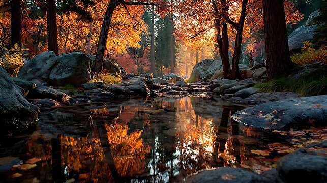Fiery autumn forest path with deep red and golden foliage wallpapers​