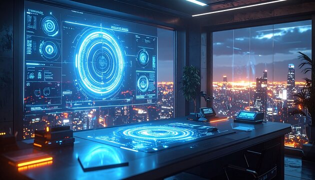Futuristic command center overlooking cityscape at night, lit by digital displays