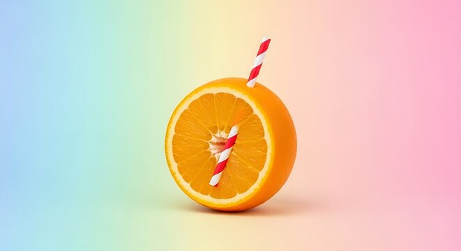 Fresh orange half with red and white striped straw on pastel rainbow background. jpg
