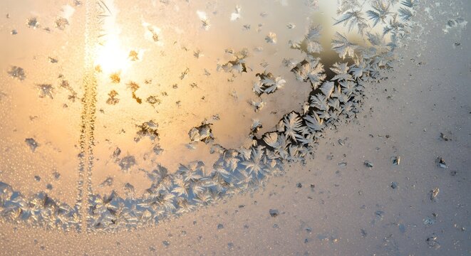Frozen window with ice crystals formed in winter season during cold weather for art