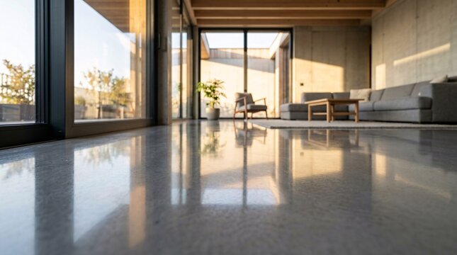 Extremely low angle shot capturing gleaming reflection on freshly polished micro-cement floor in luxurious minimalist living room sunlight.