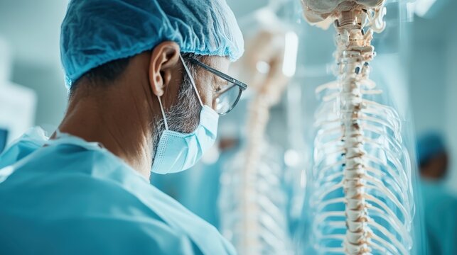 A focused medical professional in scrubs observing a detailed human skeleton model, highlighting the dedication to anatomy education and the medical field's intricacies.