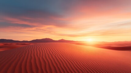 Obraz premium A breathtaking desert landscape captures the beauty of undulating sand dunes during sunset, showcasing vibrant hues of orange and pink as the sun sets on the horizon.
