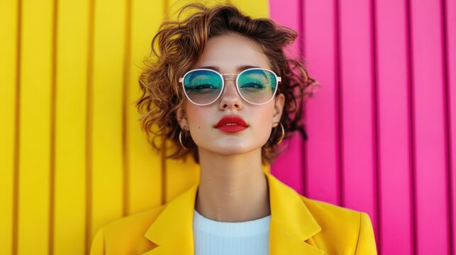 The image portrays a confident model in a bright yellow outfit against a vibrant pink and yellow backdrop, showcasing individuality and the playful side of modern fashion expression.
