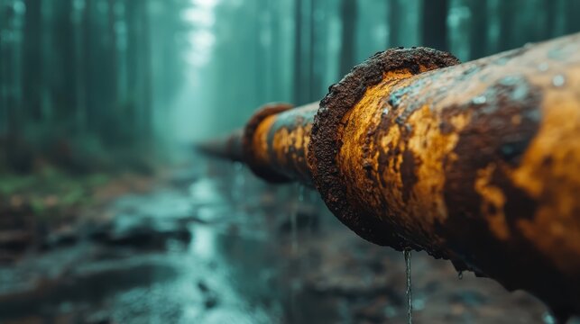 A close-up of an old rusty pipe protruding through a serene, misty forest, highlighting nature's reclamation of industrial remnants in an atmospheric and mysterious environment.