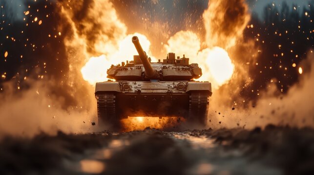 A tank advances through smoke and explosions, showcasing the intensity of conflict. The dramatic lighting highlights the power and chaos of modern warfare in motion.