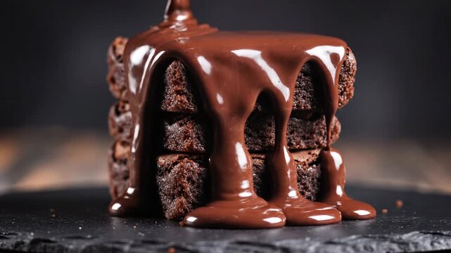 Rich chocolate fudge brownies stacked with sauce on dark background
