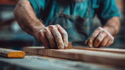 Obraz premium A skilled craftsman is meticulously sanding a piece of wood, illustrating the dedication and artistry involved in woodworking and handcrafted creations.