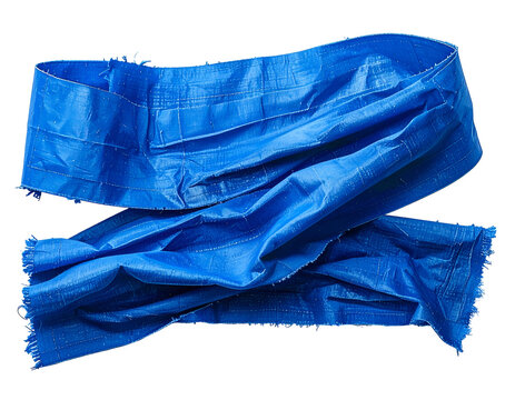 A crumpled blue woven plastic fabric strip with frayed edges