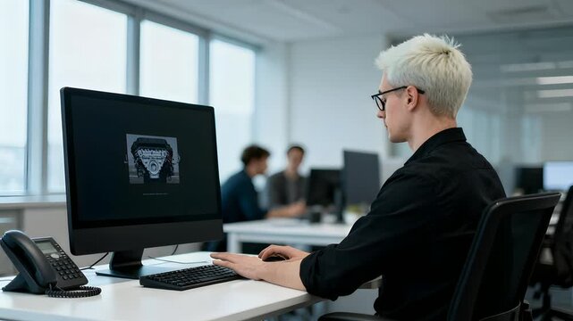 A man working on a computer at his desk in an office setting. The computer screen displays an image. He is focused and engaged in his work.