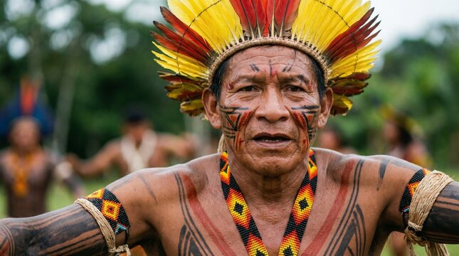Brazilian indigenous man in traditional dance, with cultural adornments and detailed body paint. Image captured in motion, focusing on expression, texture, and cultural authenticity.