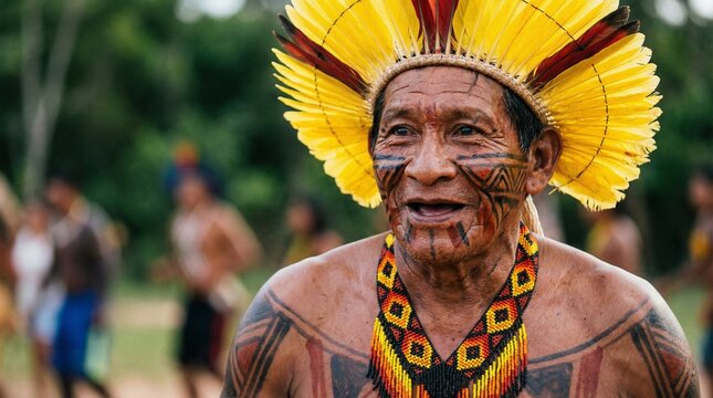 Brazilian indigenous man in traditional dance, with cultural adornments and detailed body paint. Image captured in motion, focusing on expression, texture, and cultural authenticity.