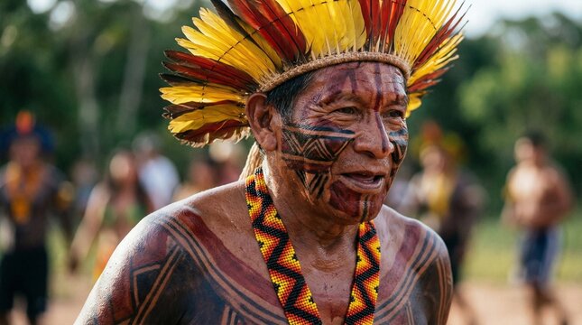 Brazilian indigenous man in traditional dance, with cultural adornments and detailed body paint. Image captured in motion, focusing on expression, texture, and cultural authenticity.