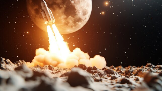A powerful rocket launches against a dramatic moon backdrop, symbolizing humanity's quest for exploration and the grandeur of space travel and discovery.