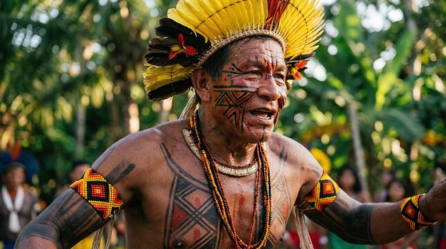 Brazilian indigenous man in traditional dance, with cultural adornments and detailed body paint. Image captured in motion, focusing on expression, texture, and cultural authenticity.