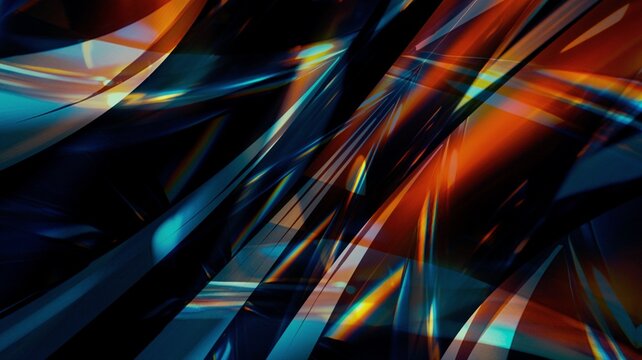 Abstract glass shards, crystal refraction, futuristic blue and orange light, 3D render of sharp geometric layers for cinematic background and tech design