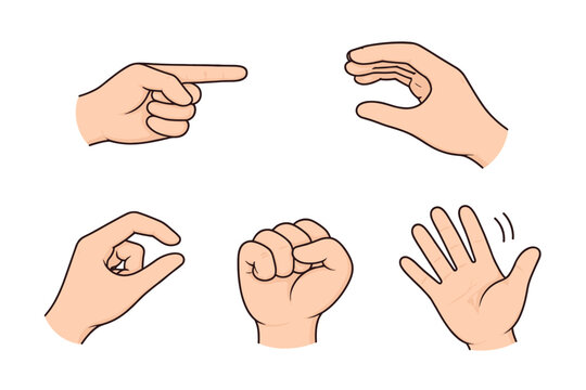 Set of hand drawn doodle gestures featuring a pointing index finger, cupped hand for holding, pinching fingers for small size, clenched punching fist, and waving open palm for greeting or hello.