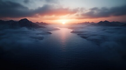 Obraz premium A breathtaking sunset reflecting over a tranquil sea, surrounded by misty mountains, embodying nature’s beauty and the essence of peaceful solitude in remote landscapes.