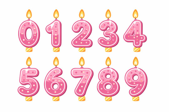 Pink Birthday Candles Number Set 0-9, Vector Illustration of Burning Anniversary Candles with Polka Dot Pattern for Party Invitations, Cake Decoration, and Celebration Events, Isolated on White.