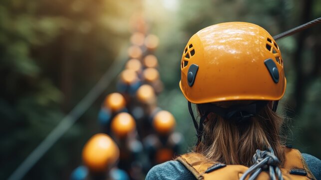 A group of climbers in yellow helmets navigate a forested area, showcasing teamwork and outdoor adventure amidst a lush green backdrop filled with vibrant trees.