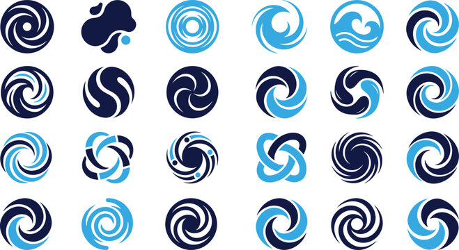 Various modern abstract swirl and water drop icons and symbols set on white.