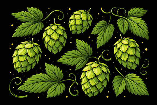 Stylized vector illustration of fresh green hop cones and serrated leaves on a dark black background; ideal for craft beer labels, brewery branding, organic botanical designs, and pub decor.