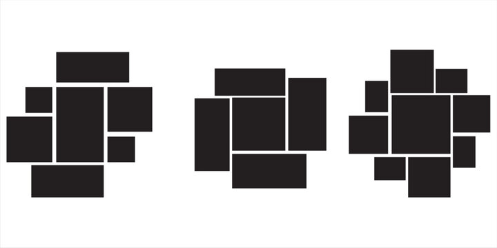 Mood board or photo collage template set. Black mosaic art grid arrangement. Picture frame composition portfolio collection. Wall gallery layout design for presentation, poster, mockup, banner. Vector