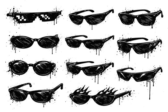 Set of Hand Drawn Black Sunglasses in Graffiti Grunge Style with Paint Drips and Splatters; Thug Life Pixel Glasses, Flame Shades, and Cool Eyewear Vector Illustration for Urban Streetwear Design.