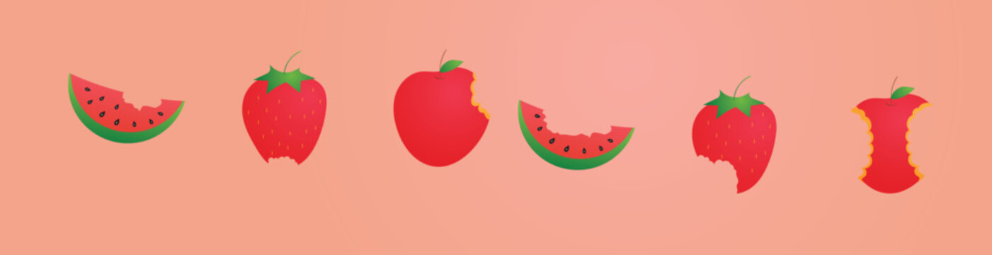 Colorful vector illustrations of various fruits with bite marks and cutouts, vector illustration.