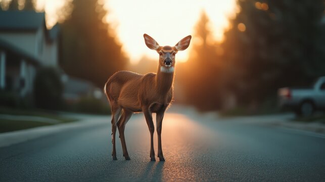 A beautifully captured deer standing in the middle of a quiet street, basking in the warm glow of the sunset, creating a tranquil atmosphere that blends nature and neighborhood.