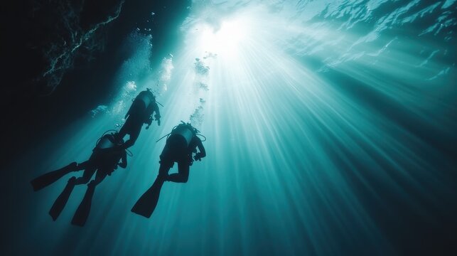 Two scuba divers explore the serene underwater world with rays of sunlight penetrating from above, showcasing the beauty and tranquility of ocean exploration and adventure.
