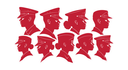 Set of red silhouettes representing diverse soldiers in military uniforms and peaked officer caps. © RUMA