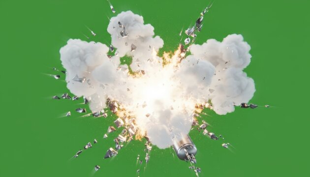 Bright explosion with white smoke and sparks against green screen. Perfect for action scenes, VFX, or video editing. High detail for compositing. Ready for digital effects projects