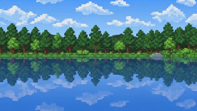 Pixel Art Forest Lake Reflection - Serene Nature Landscape