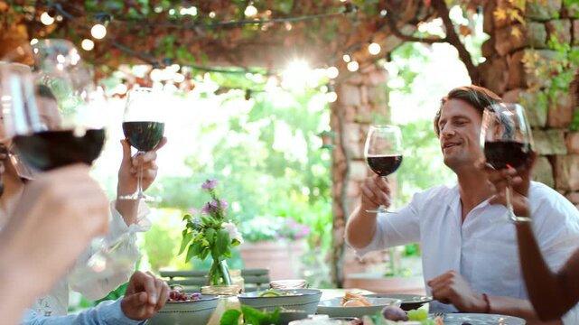 Lodge, friends and cheers with wine at lunch for holiday party, reunion celebration and bonding. Food, people and drinks toast outdoor at villa for social gathering, vacation flare or group gratitude