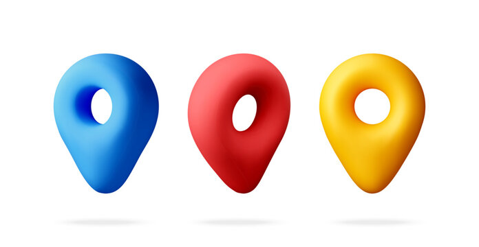 Three 3D location pin icons in blue red and yellow. Map pointer symbols for digital navigation, route finding and global positioning. Travel and destination. Vector illustration