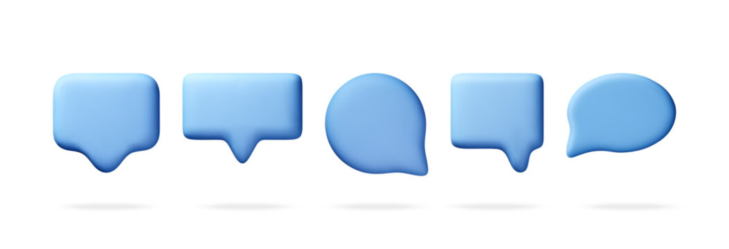 Blue 3d chat bubble set. Collection of speech balloon icons for digital communication. Minimalist glossy message frame for messenger application and social media interface design. Vector illustration