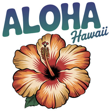 Aloha Hawaii Tropical Hibiscus Flower Illustration with Retro Typography Design