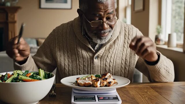 Senior Man Weighing Healthy Grilled Chicken Portion on Digital Scale