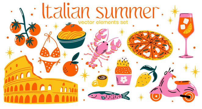 Italian Summer vector sticker set with illustration of pizza, cocktail, lobster, bikini and colosseum in playful cartoon funky groovy doodle style for travel or food  blog 