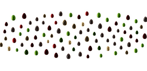 Colorful Easter eggs arrangement on a white background, perfect for holiday greetings, spring events and design. © vegefox.com