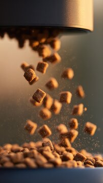Dry pet kibble falling from automatic feeder into bowl with warm dramatic lighting